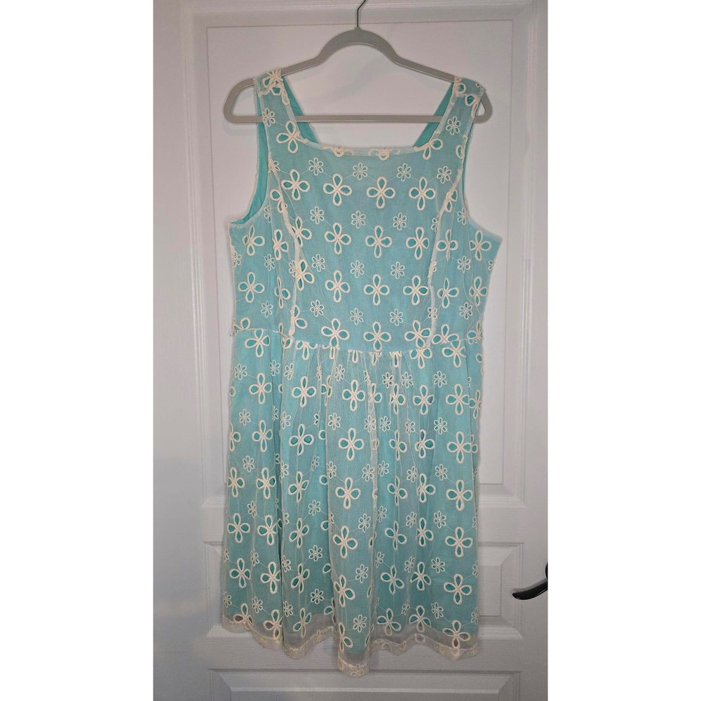Jennifer Lopez Turquoise Blue Eyelet Lace Fit & Flare Dress Plus Size 16 Pockets